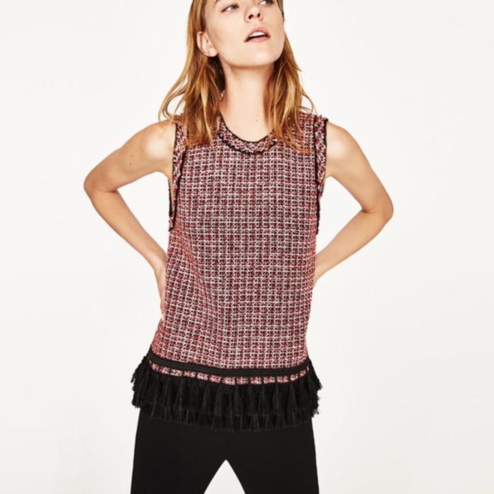 ZARA Sleeveless Tweed Top with Fringe